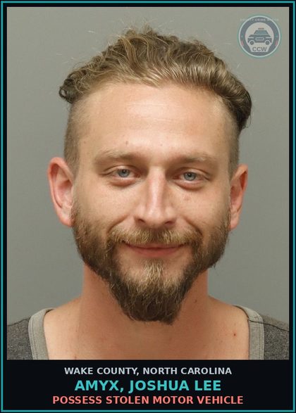 CCW arrest card for Amyx, Joshua Lee in Wake County: POSSESS STOLEN MOTOR VEHICLE