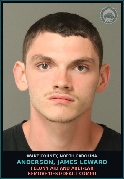 CCW arrest card for Anderson, James Leward in Wake County: FELONY AID AND ABET-LAR REMOVE/DEST/DEACT COMPO