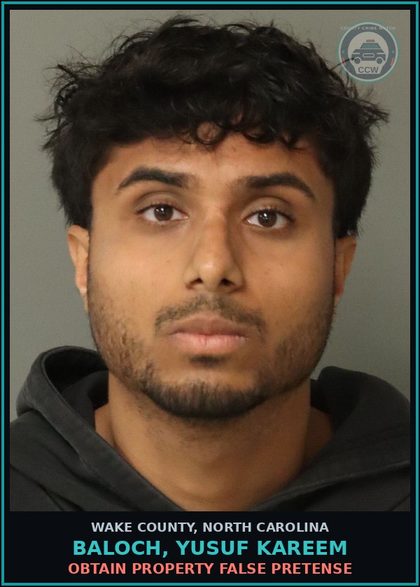 CCW arrest card for Baloch, Yusuf Kareem in Wake County: OBTAIN PROPERTY FALSE PRETENSE