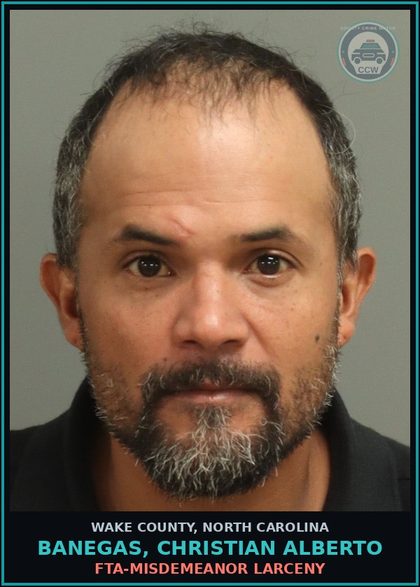 CCW arrest card for Banegas, Christian Alberto in Wake County: FTA-MISDEMEANOR LARCENY