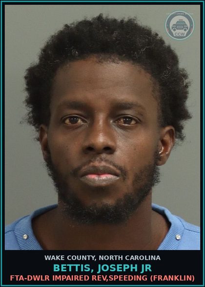CCW arrest card for Bettis, Joseph Jr in Wake County: FTA-DWLR IMPAIRED REV,SPEEDING (FRANKLIN)