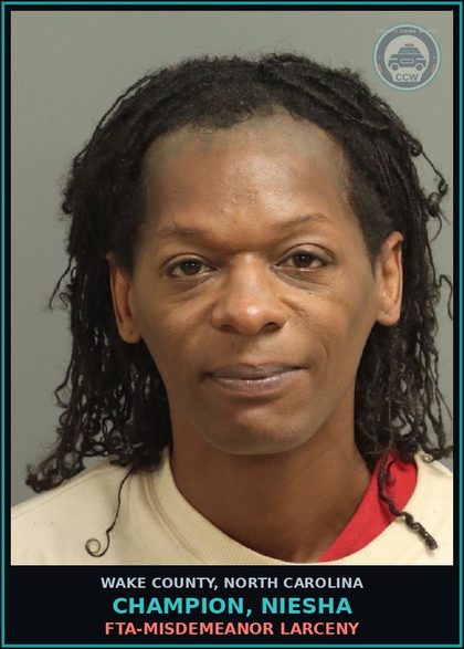 CCW arrest card for Champion, Niesha in Wake County: FTA-MISDEMEANOR LARCENY