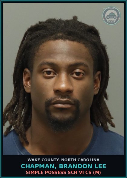 CCW arrest card for Chapman, Brandon Lee in Wake County: SIMPLE POSSESS SCH VI CS (M)
