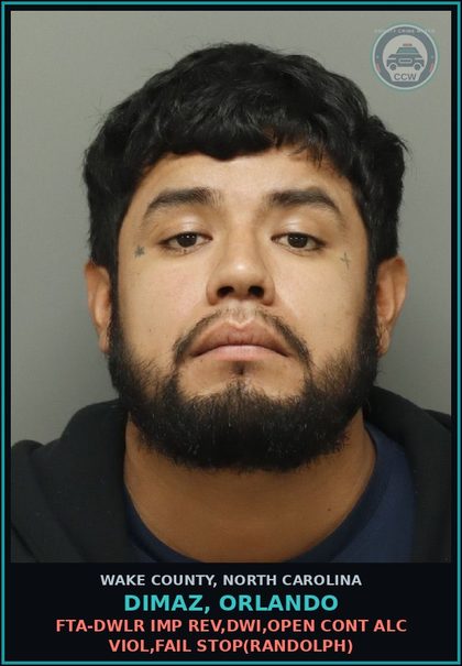 CCW arrest card for Dimaz, Orlando in Wake County: FTA-DWLR IMP REV,DWI,OPEN CONT ALC VIOL,FAIL STOP(RANDOLPH)