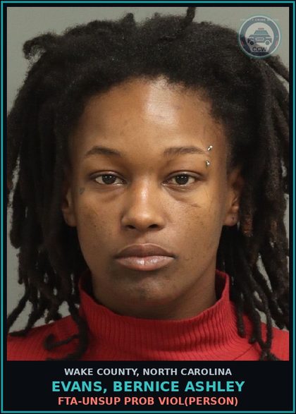 CCW arrest card for Evans, Bernice Ashley in Wake County: FTA-UNSUP PROB VIOL(PERSON)
