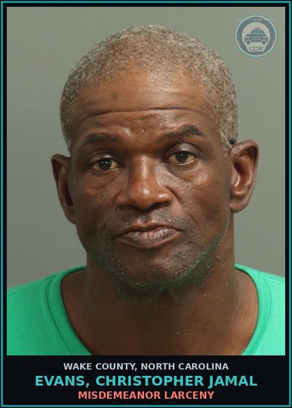 CCW arrest card for Evans, Christopher Jamal in Wake County: MISDEMEANOR LARCENY