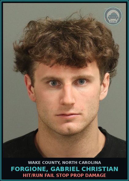 CCW arrest card for Forgione, Gabriel Christian in Wake County: HIT/RUN FAIL STOP PROP DAMAGE
