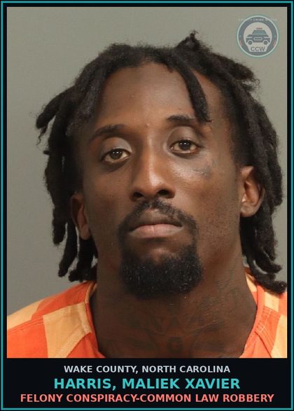 CCW arrest card for Harris, Maliek Xavier in Wake County: FELONY CONSPIRACY-COMMON LAW ROBBERY