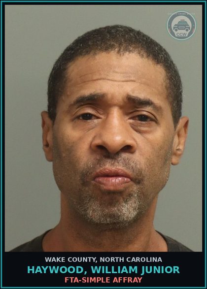 CCW arrest card for Haywood, William Junior in Wake County, North Carolina: FTA-SIMPLE AFFRAY