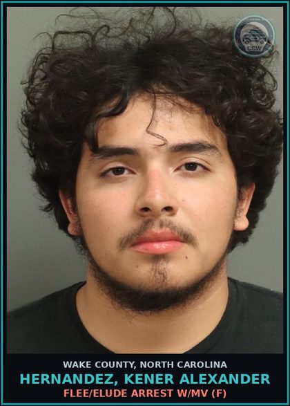 CCW arrest card for Hernandez, Kener Alexander in Wake County: FLEE/ELUDE ARREST W/MV (F)