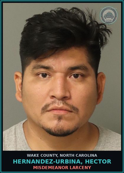 CCW arrest card for Hernandez-Urbina, Hector in Wake County: MISDEMEANOR LARCENY