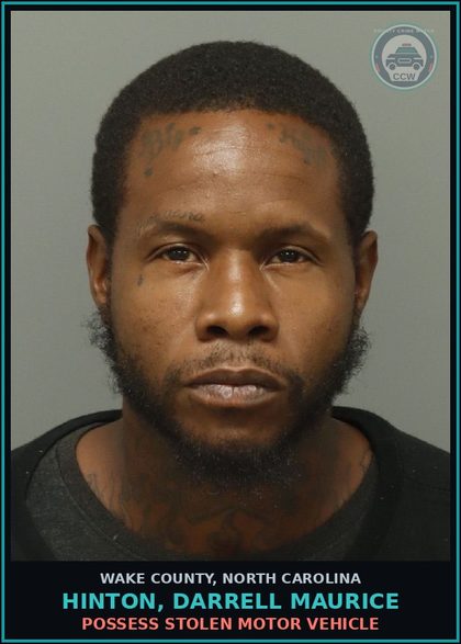 CCW arrest card for Hinton, Darrell Maurice in Wake County: POSSESS STOLEN MOTOR VEHICLE
