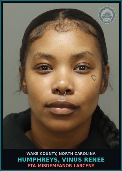 CCW arrest card for Humphreys, Vinus Renee in Wake County: FTA-MISDEMEANOR LARCENY