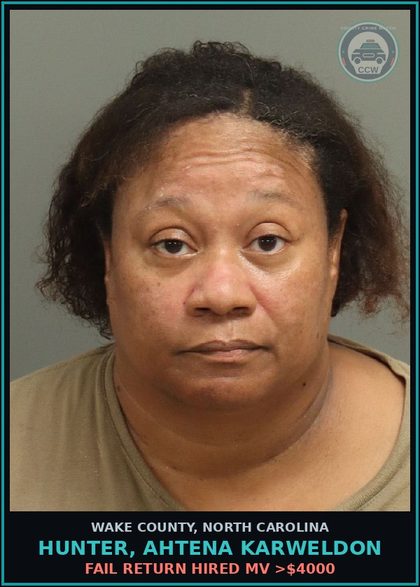 CCW arrest card for Hunter, Ahtena Karweldon in Wake County: FAIL RETURN HIRED MV >$4000