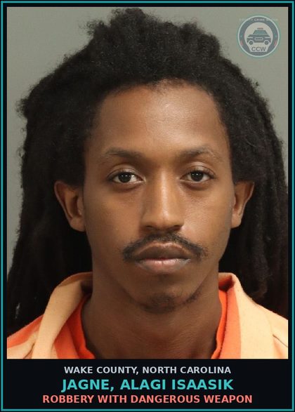 CCW arrest card for Jagne, Alagi Isaasik in Wake County: FLEE/ELUDE ARREST W/MV (M)