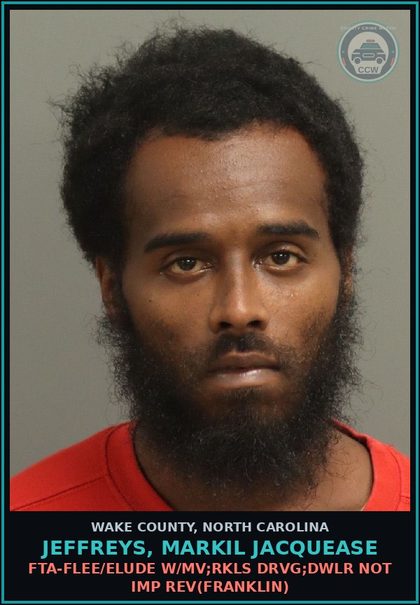 CCW arrest card for Jeffreys, Markil Jacquease in Wake County: FTA-FLEE/ELUDE W/MV;RKLS DRVG;DWLR NOT IMP REV(FRANKLIN)