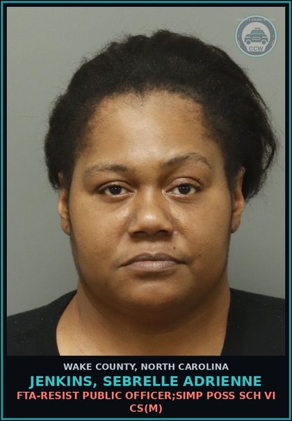 CCW arrest card for Jenkins, Sebrelle Adrienne in Wake County: FTA-RESIST PUBLIC OFFICER;SIMP POSS SCH VI CS(M)