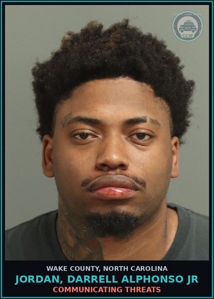 CCW arrest card for Jordan, Darrell Alphonso Jr in Wake County: COMMUNICATING THREATS