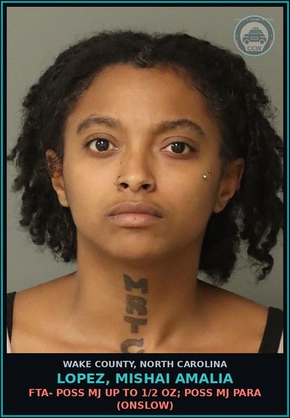 CCW arrest card for Lopez, Mishai Amalia in Wake County: FTA- POSS MJ UP TO 1/2 OZ; POSS MJ PARA (ONSLOW)