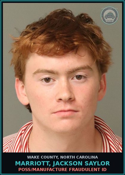 CCW arrest card for Marriott, Jackson Saylor in Wake County: POSS/MANUFACTURE FRAUDULENT ID