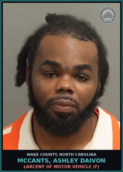 CCW arrest card for Mccants, Ashley Daivon in Wake County: LARCENY OF MOTOR VEHICLE (F)