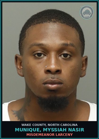 CCW arrest card for Munique, Myssiah Nasir in Wake County: MISDEMEANOR LARCENY