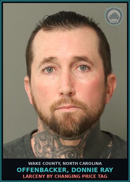 CCW arrest card for Offenbacker, Donnie Ray in Wake County: OBTAIN PROPERTY FALSE PRETENSE