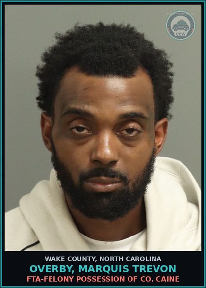 CCW arrest card for Overby, Marquis Trevon in Wake County: FTA-FELONY POSSESSION OF COCAINE