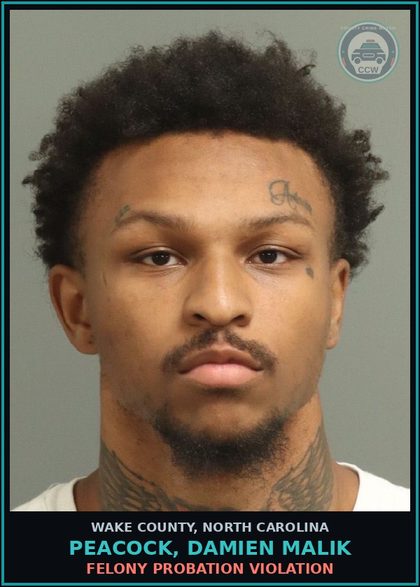 CCW arrest card for Peacock, Damien Malik in Wake County: FELONY PROBATION VIOLATION