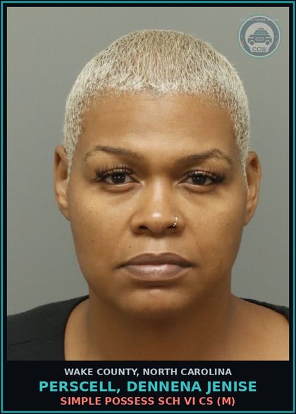 CCW arrest card for Perscell, Dennena Jenise in Wake County: SIMPLE POSSESS SCH VI CS (M)