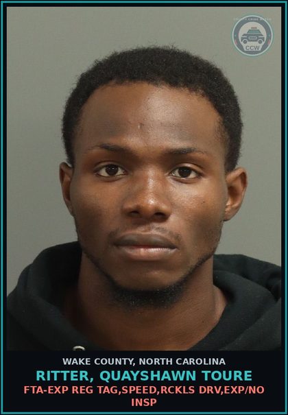 CCW arrest card for Ritter, Quayshawn Toure in Wake County: FTA-EXP REG TAG,SPEED,RCKLS DRV,EXP/NO INSP