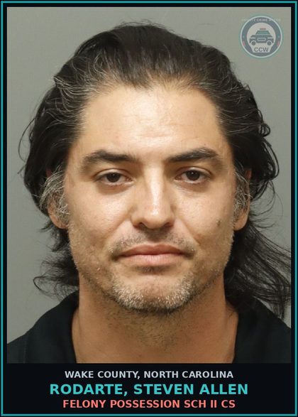 CCW arrest card for Rodarte, Steven Allen in Wake County: FELONY POSSESSION SCH II CS