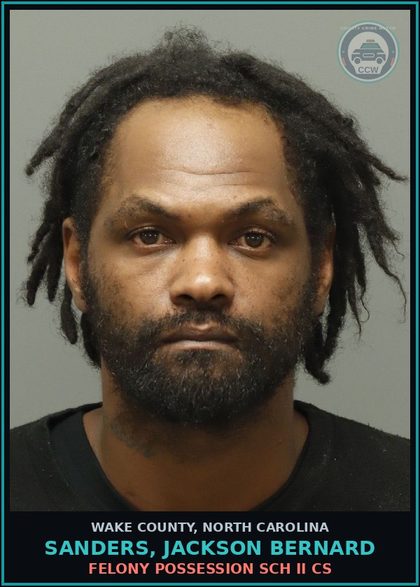 CCW arrest card for Sanders, Jackson Bernard in Wake County: FELONY POSSESSION SCH II CS