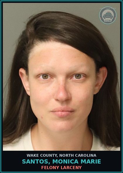 CCW arrest card for Santos, Monica Marie in Wake County: POSS CS PRISON/JAIL PREMISES