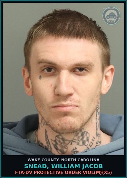 CCW arrest card for Snead, William Jacob in Wake County: FTA-DV PROTECTIVE ORDER VIOL(M)(X5)