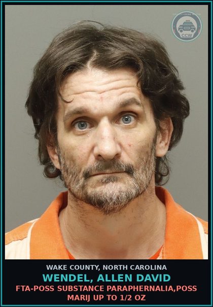 CCW arrest card for Wendel, Allen David in Wake County: FTA-POSS DRUG PARAPHERNALIA,POSS MARIJ UP TO 1/2 OZ