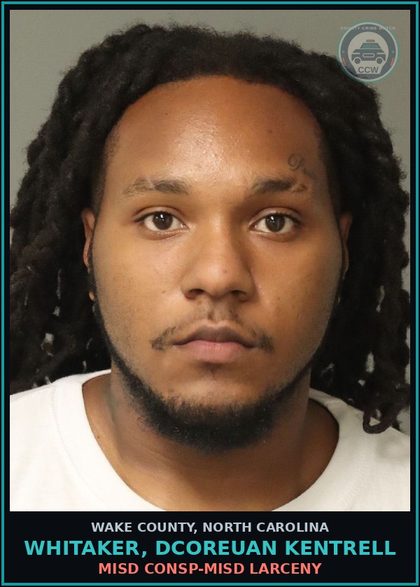 CCW arrest card for Whitaker, Dcoreuan Kentrell in Wake County: MISD CONSP-MISD LARCENY