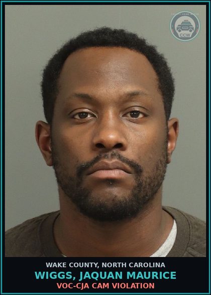 CCW arrest card for Wiggs, Jaquan Maurice in Wake County: VOC-CJA CAM VIOLATION