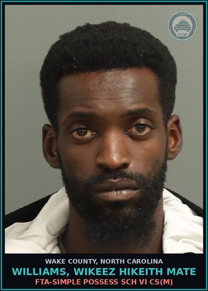CCW arrest card for Williams, Wikeez Hikeith Mate in Wake County, North Carolina: FTA-SIMPLE POSSESS SCH VI CS(M)