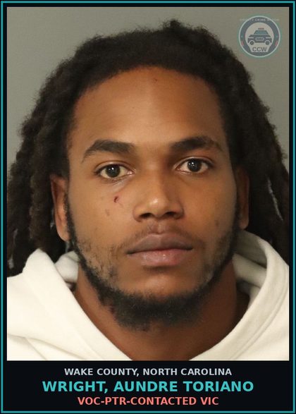 CCW arrest card for Wright, Aundre Toriano in Wake County, North Carolina: VOC-PTR-CONTACTED VICTIM
