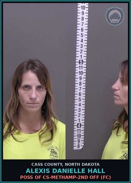 CCW arrest card for Alexis Danielle Hall in Cass County: Poss of CS-Methamp-2nd off (FC)