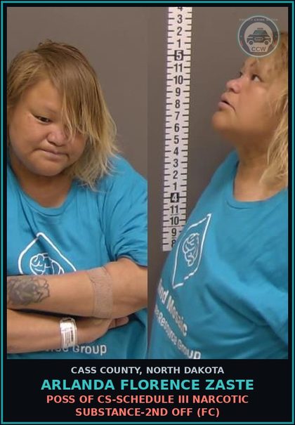 CCW arrest card for Arlanda Florence Zaste in Cass County: Poss of CS-Schedule III Narcotic drug-2nd off (FC)