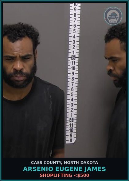CCW arrest card for Arsenio Eugene James in Cass County: SHOPLIFTING <$500