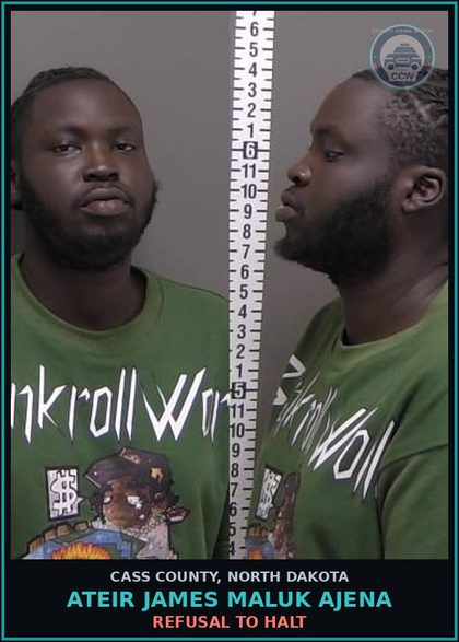 CCW arrest card for Ateir James Maluk Ajena in Cass County: Refusal to halt
