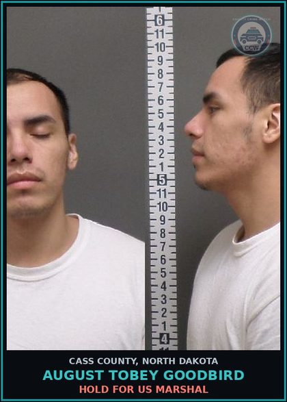 CCW arrest card for August Tobey Goodbird in Cass County: HOLD FOR US MARSHAL