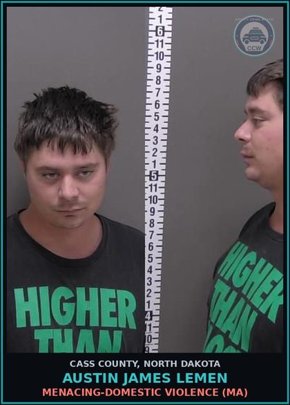 CCW arrest card for Austin James Lemen in Cass County: Menacing-Domestic violence (MA)