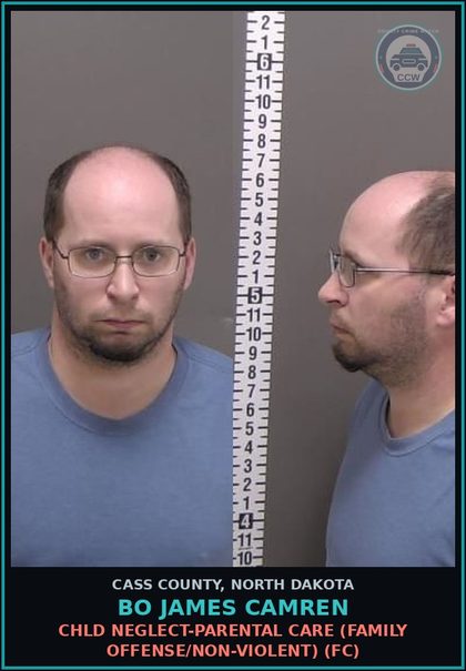 CCW arrest card for Bo James Camren in Cass County: chld neglect-Parental care (Family Offense/Non-Violent) (FC)