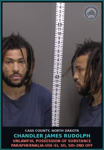 CCW arrest card for Chandler James Rudolph in Cass County: Unlawful possession of drug paraphernalia-Use-SI, SII, SIII-2nd off