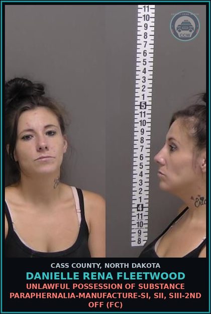 CCW arrest card for Danielle Rena Fleetwood in Cass County: Unlawful possession of drug paraphernalia-Manufacture-SI, SII, SIII-2nd off (FC)