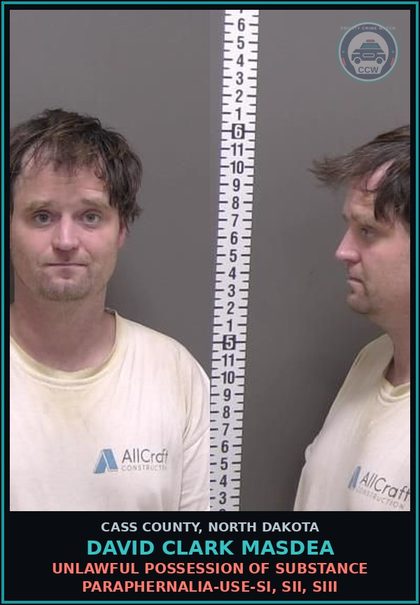 CCW arrest card for David Clark Masdea in Cass County: Unlawful possession of drug paraphernalia-Use-SI, SII, SIII